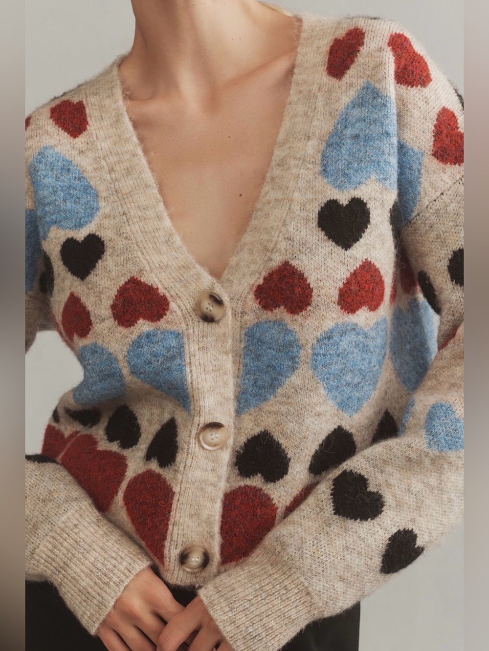 Free The Roses - Heart Pattern Button-Front Cardigan Beige Multi - Picture 3 of 6